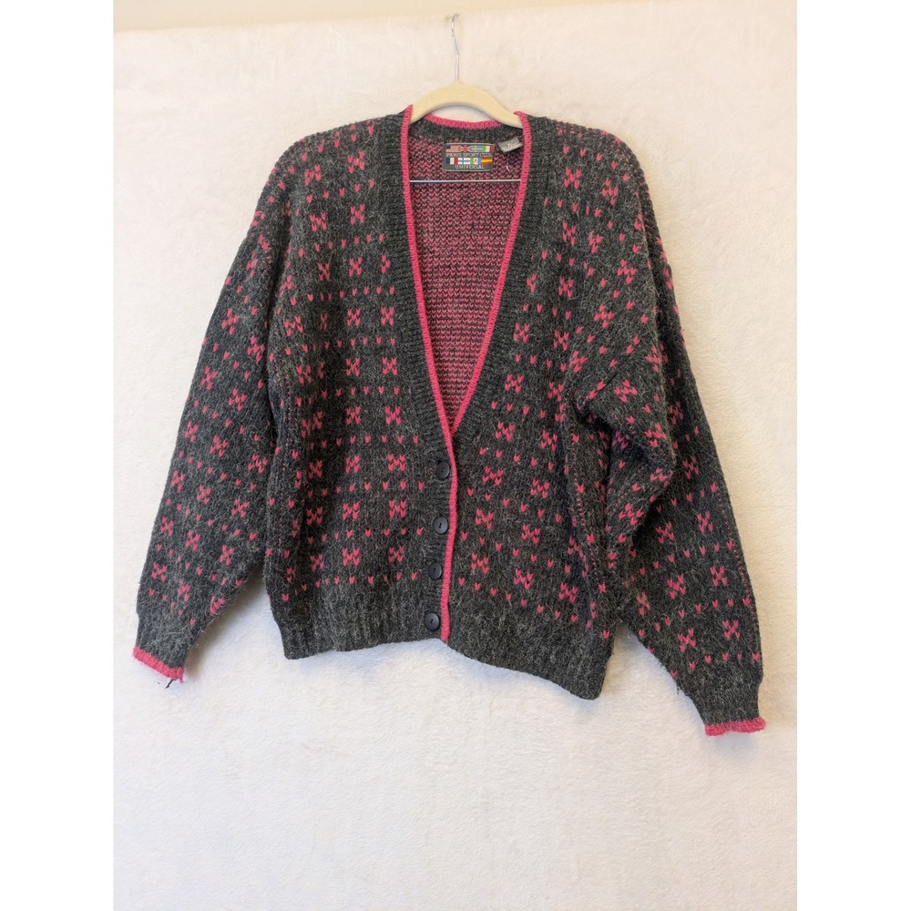 Paris Sport Club Vintage Women's Cardigan Sweater‎ Gray Pink Geometric Size M